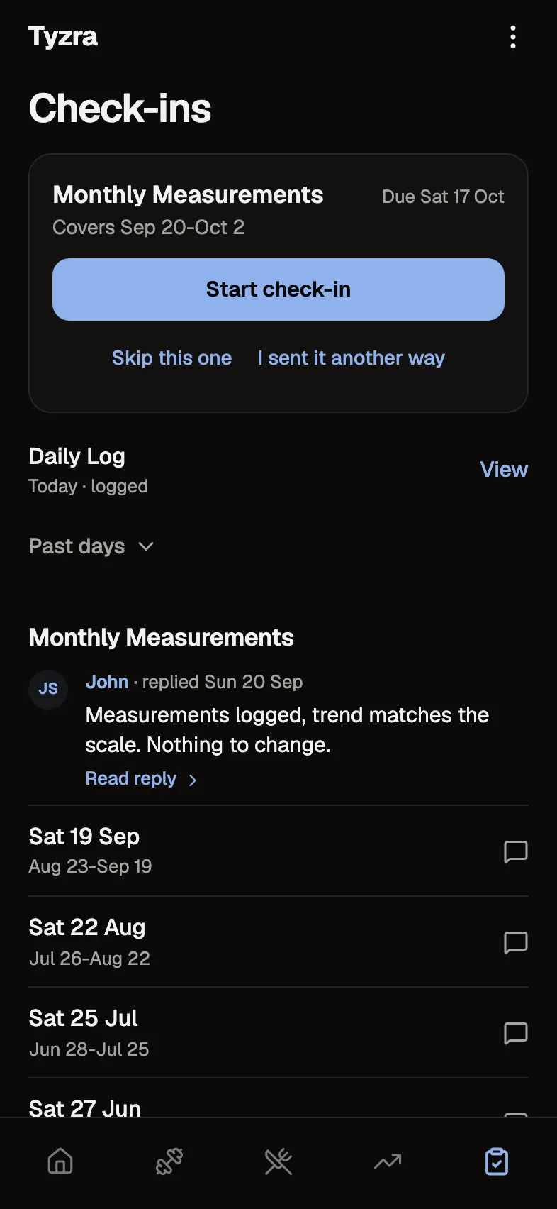 Tom's check-ins on the phone: the weekly check-in and John's reply to the last one