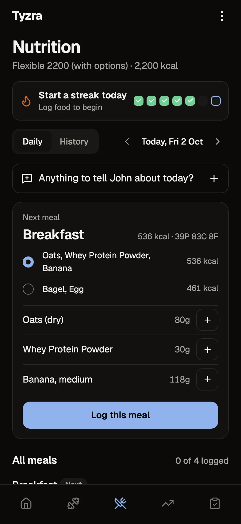 Priya's Nutrition tab: the next meal from the plan, with options to choose from, and logging