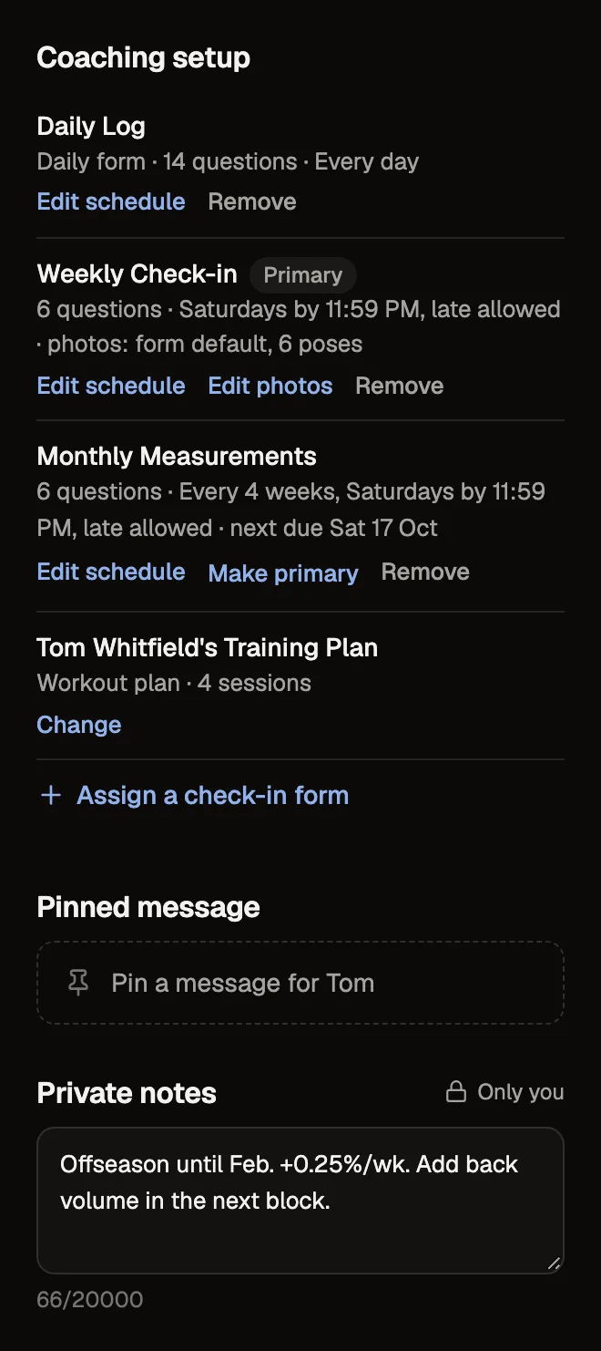 Tom's coaching setup in the coach app: a daily log, weekly and monthly check-in forms, a training plan, a pinned message and John's private notes