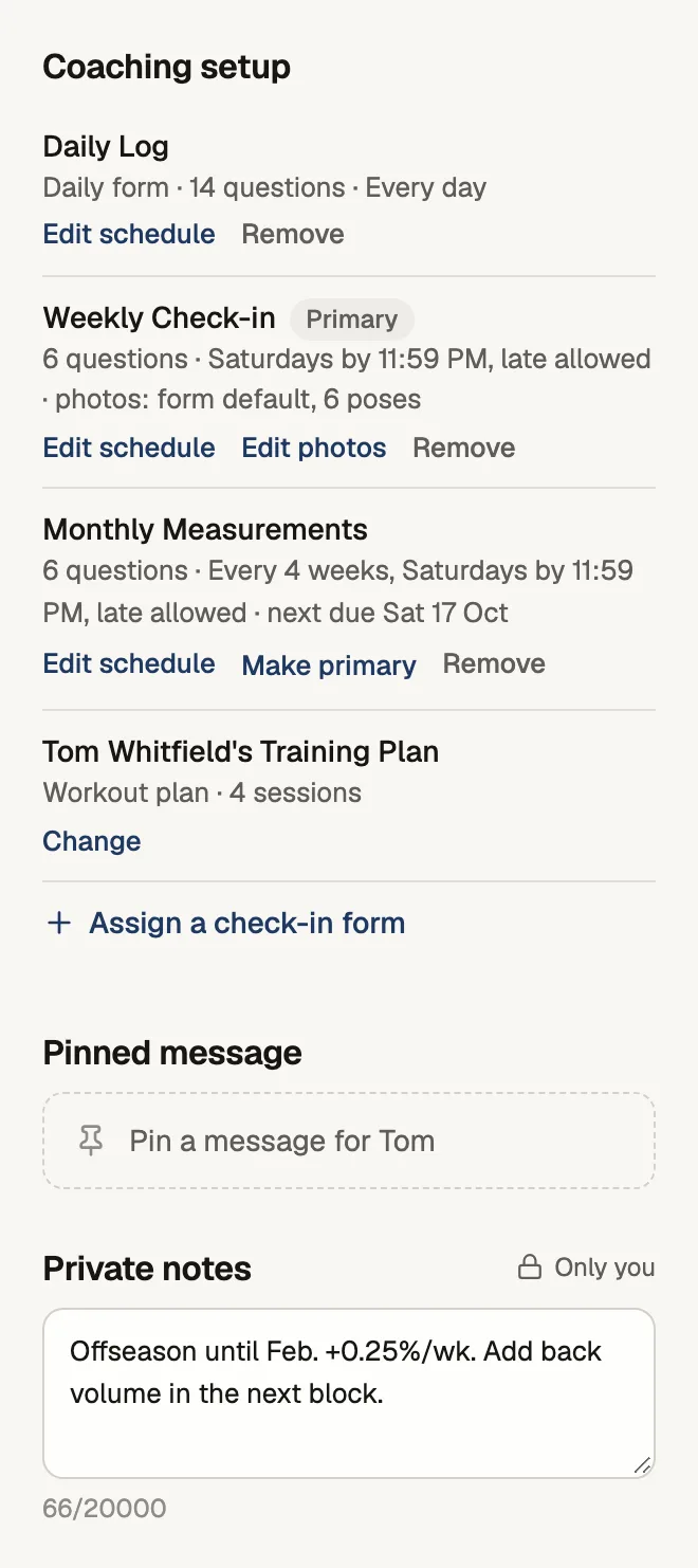 Tom's coaching setup in the coach app: a daily log, weekly and monthly check-in forms, a training plan, a pinned message and John's private notes