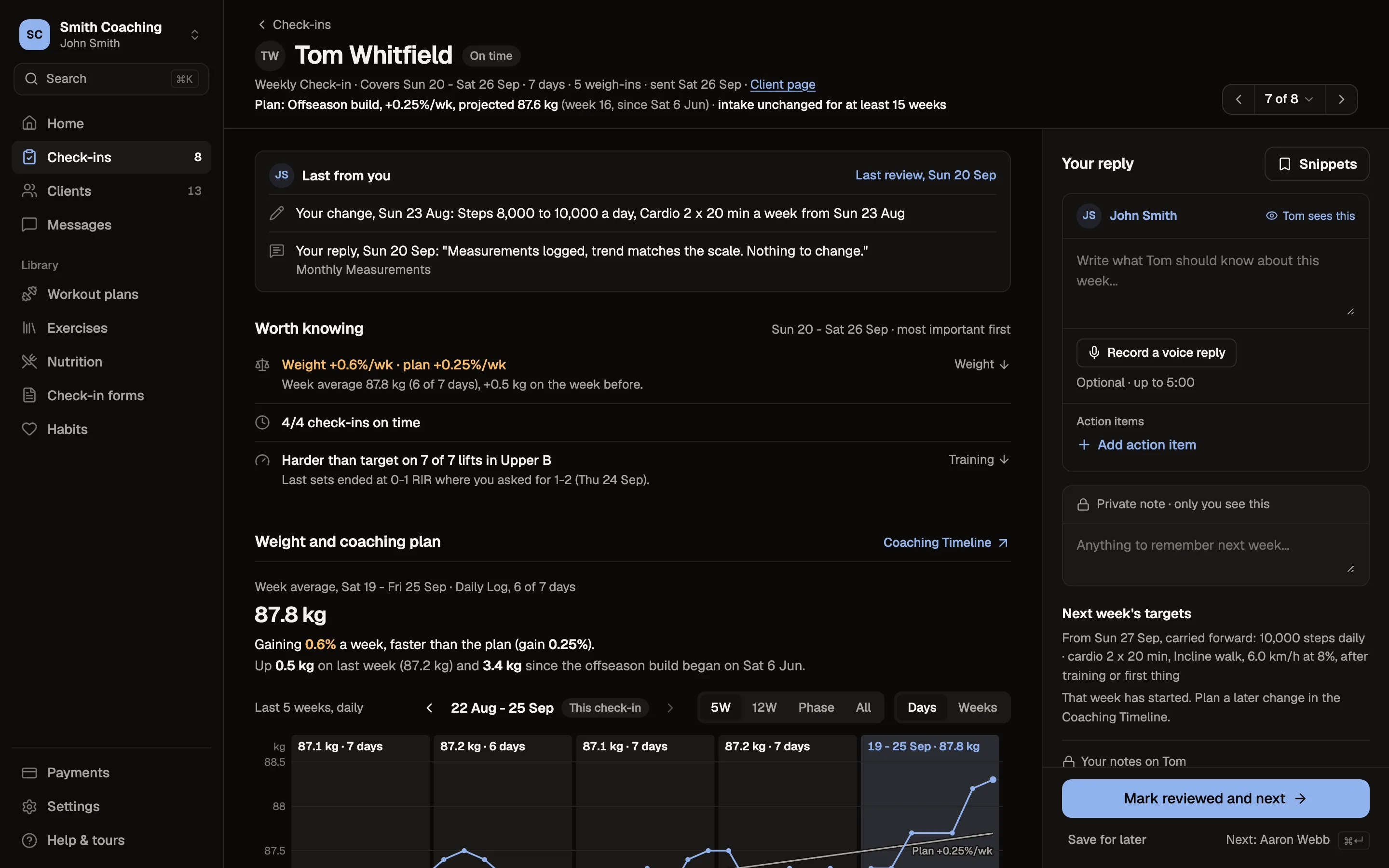John's review of Tom's weekly check-in: Tom's week since the last check-in on the left, John's reply box on the right