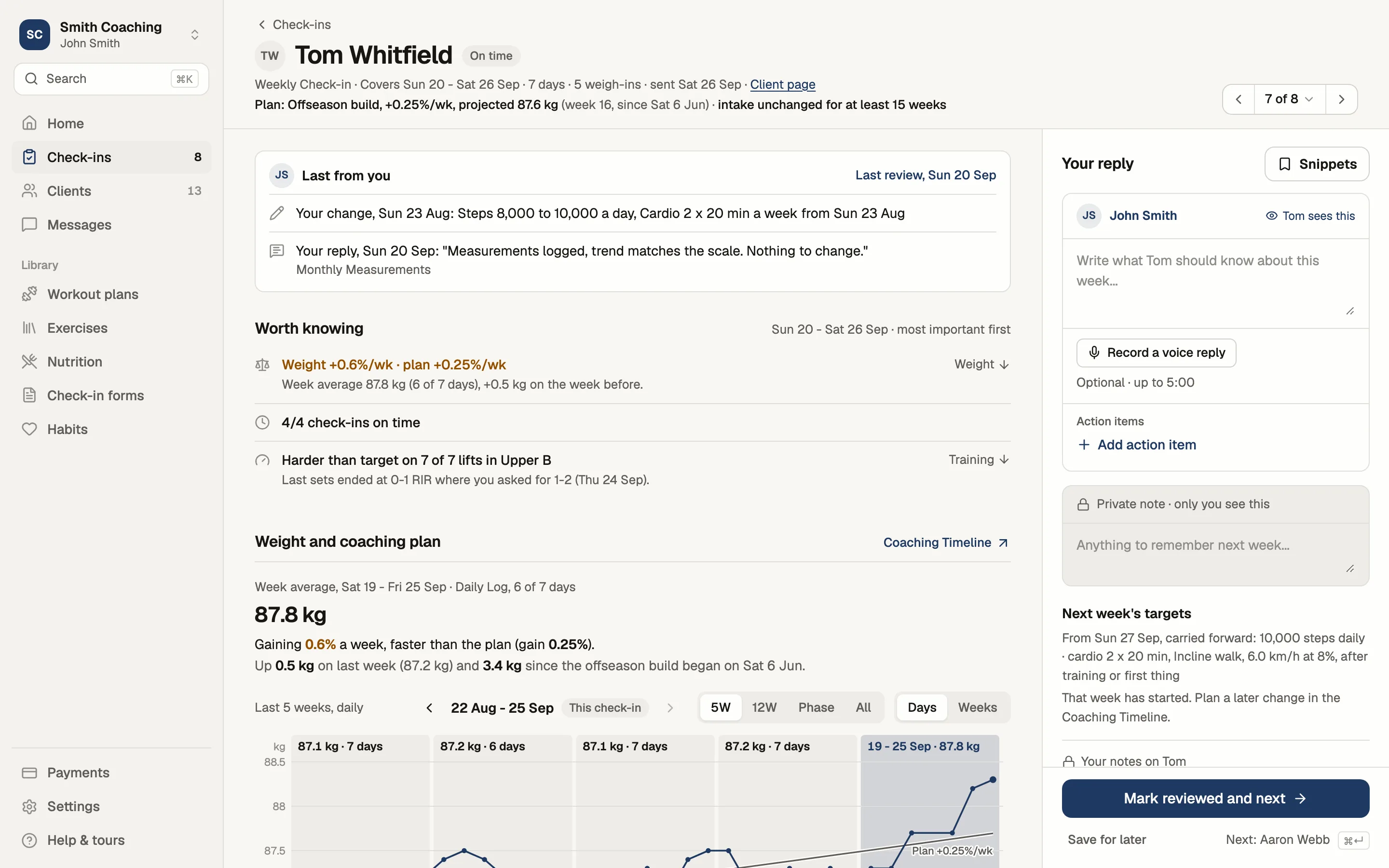 John's review of Tom's weekly check-in: Tom's week since the last check-in on the left, John's reply box on the right