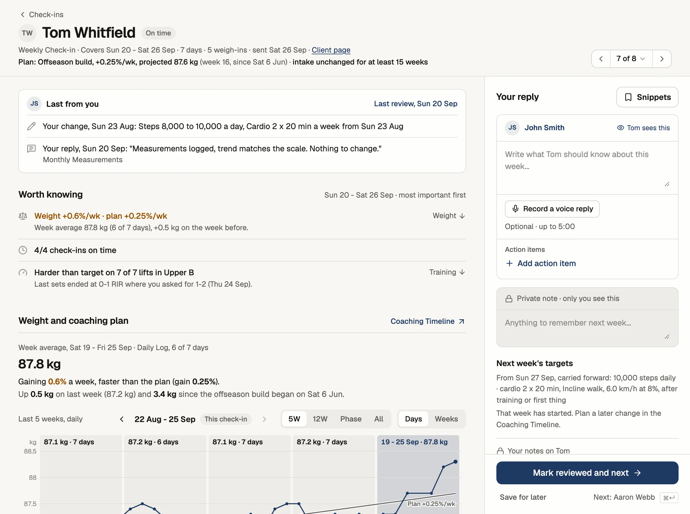 Tom's check-in review without the sidebar: the week on the left and John's reply beside it