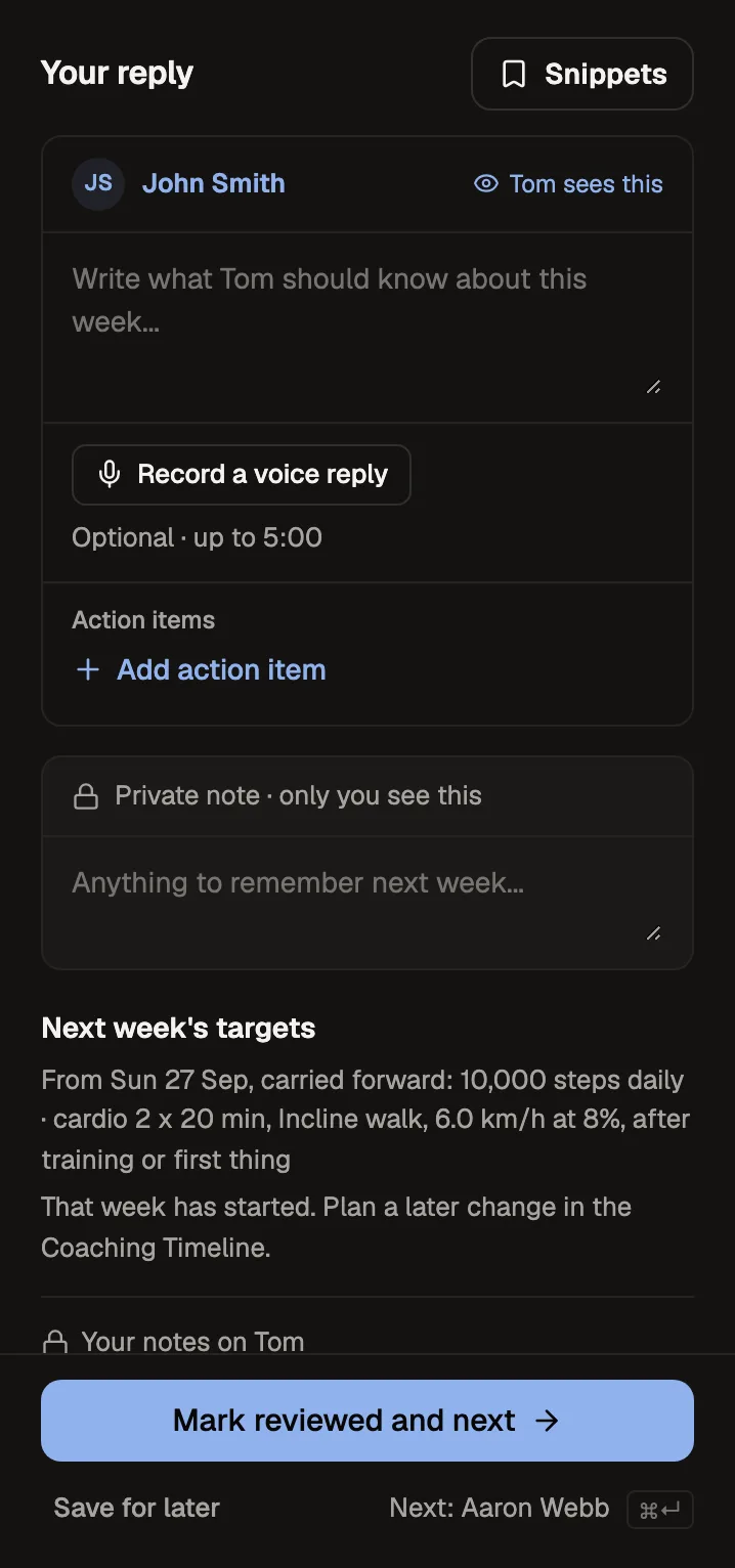 The reply column of Tom's review: the reply Tom will see, an optional voice reply, action items, a private note, next week's targets and Mark reviewed and next