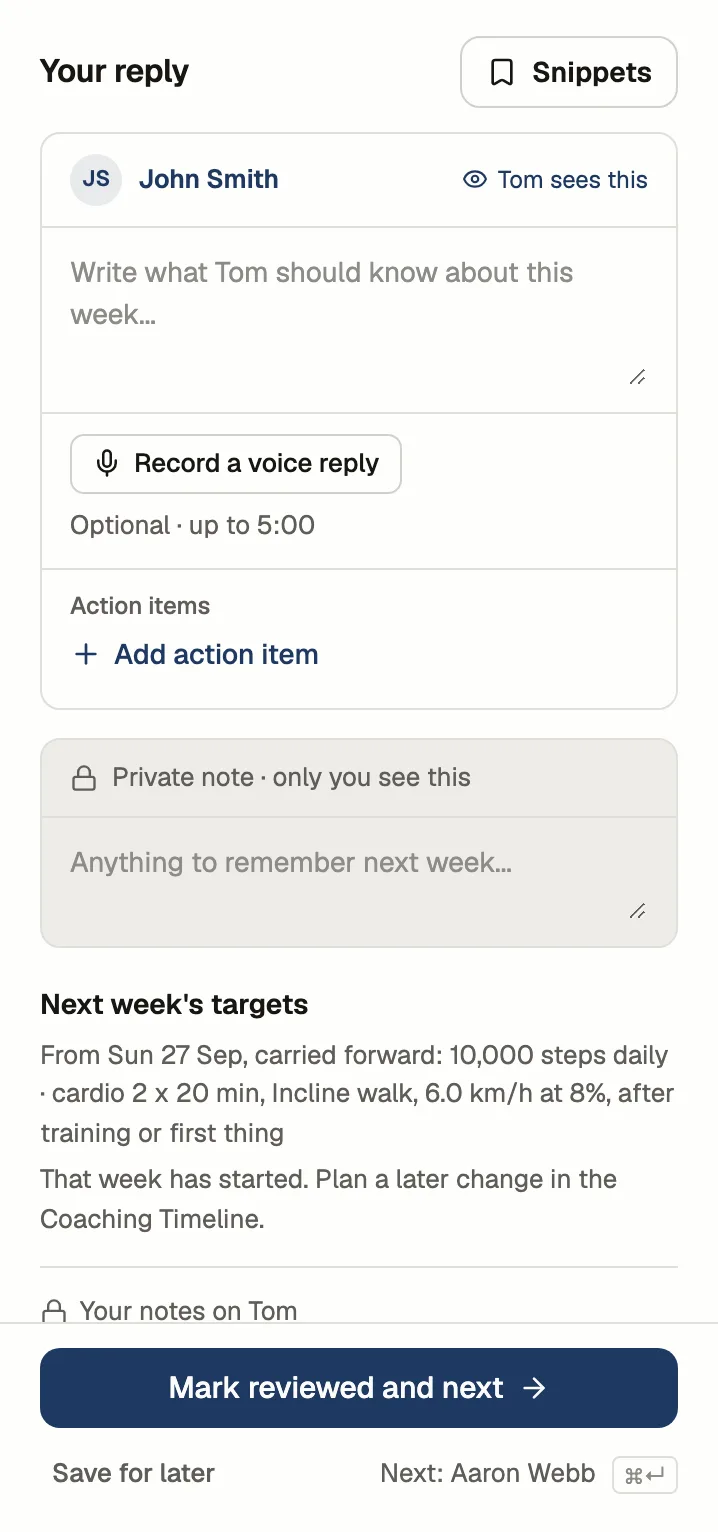 The reply column of Tom's review: the reply Tom will see, an optional voice reply, action items, a private note, next week's targets and Mark reviewed and next