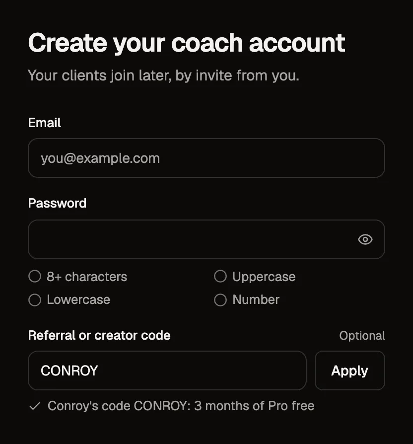 The coach signup page opened from tyzra.com/r/CONROY: the code CONROY is filled in, and under it reads Conroy's code CONROY: 3 months of Pro free
