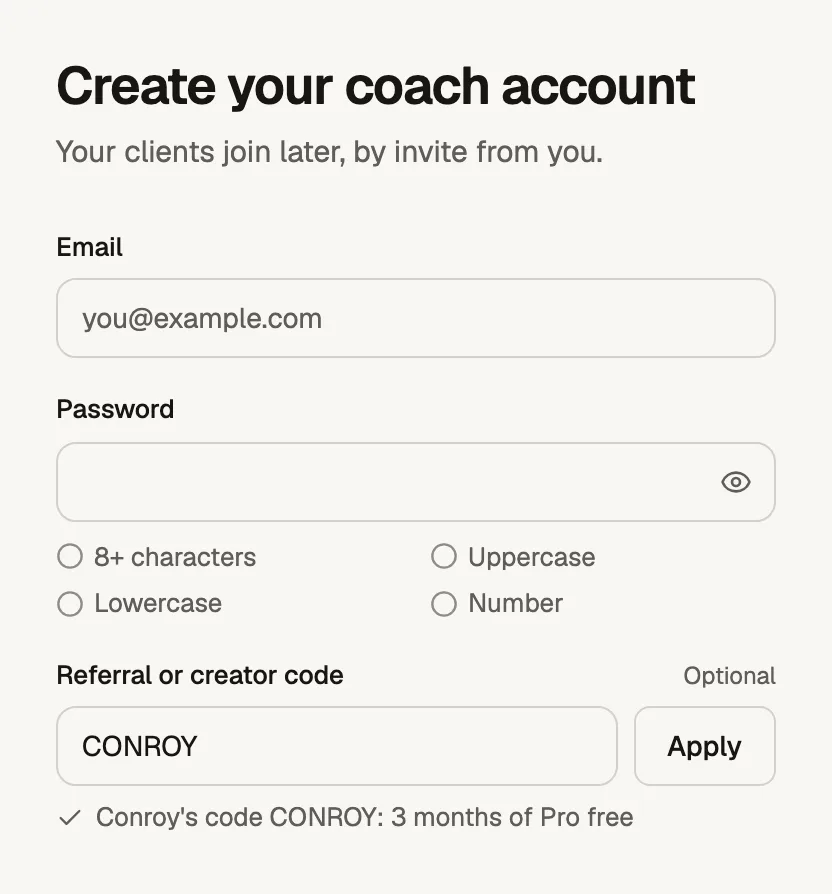 The coach signup page opened from tyzra.com/r/CONROY: the code CONROY is filled in, and under it reads Conroy's code CONROY: 3 months of Pro free