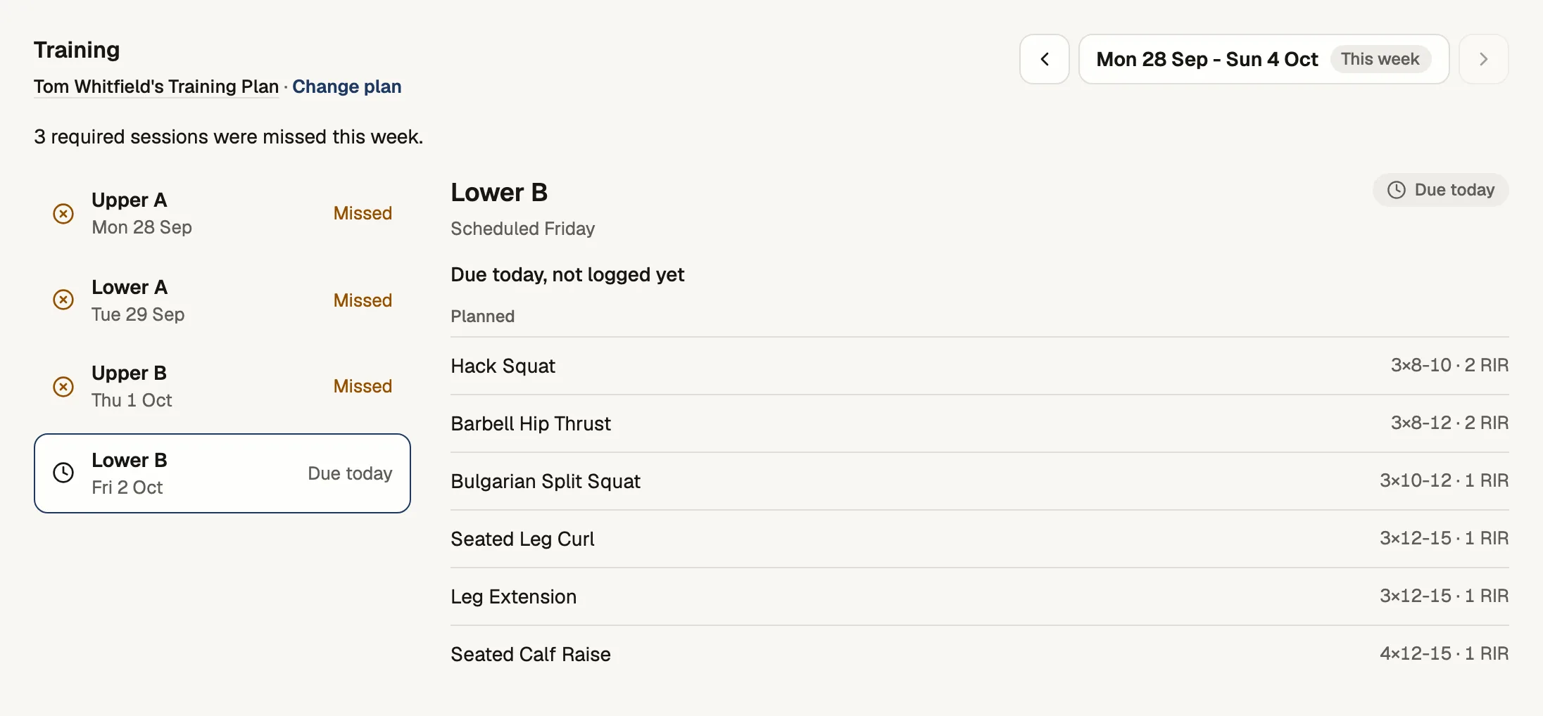 Tom's training week in the coach app: each session of a four-day plan and whether it was done